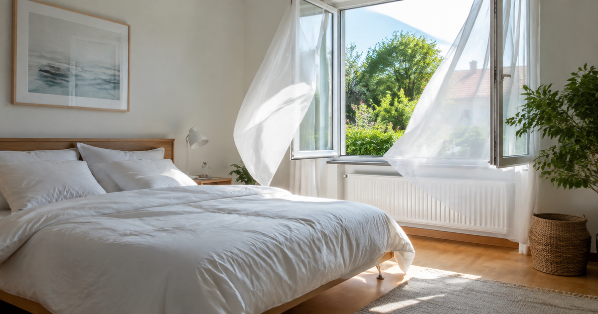 Kühles Schlafzimmer mit atmungsaktiver Bettwäsche im Sommer