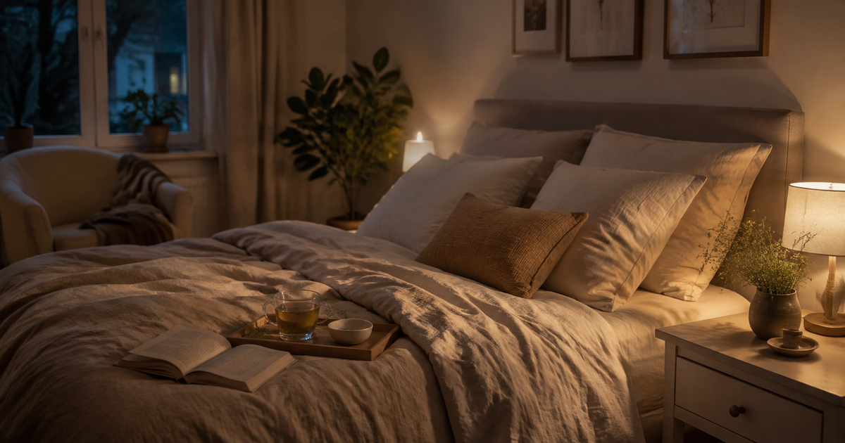 Gemütliches Schlafzimmer mit warmem Licht und Abendroutine