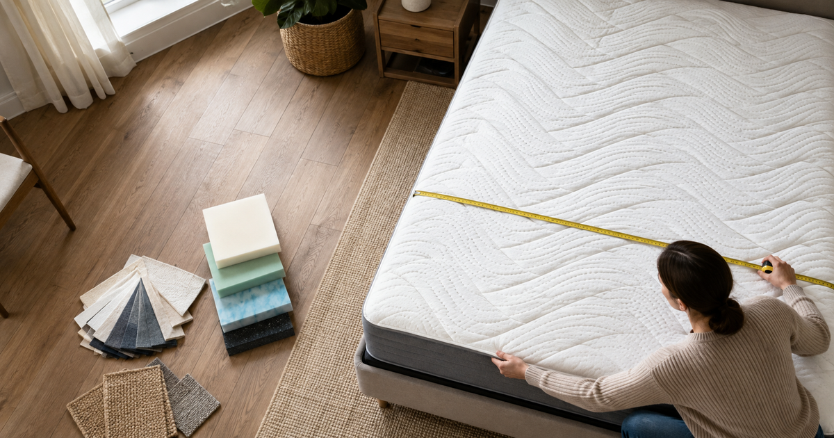 Matratze mit Maßband und Materialproben für den Matratzenkauf
