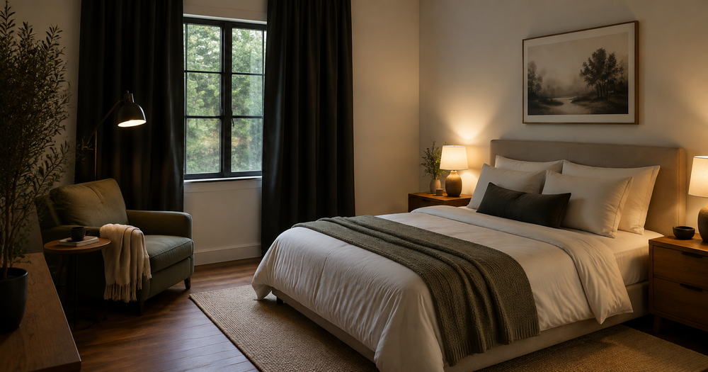 Minimalistisches Schlafzimmer mit Verdunkelung und ruhiger Schlafroutine
